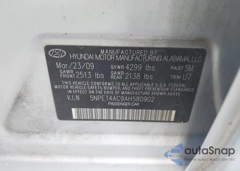 2010 Hyundai Sonata Gls z USA, uszkodzony, nr VIN 5NPET4AC9AH580902